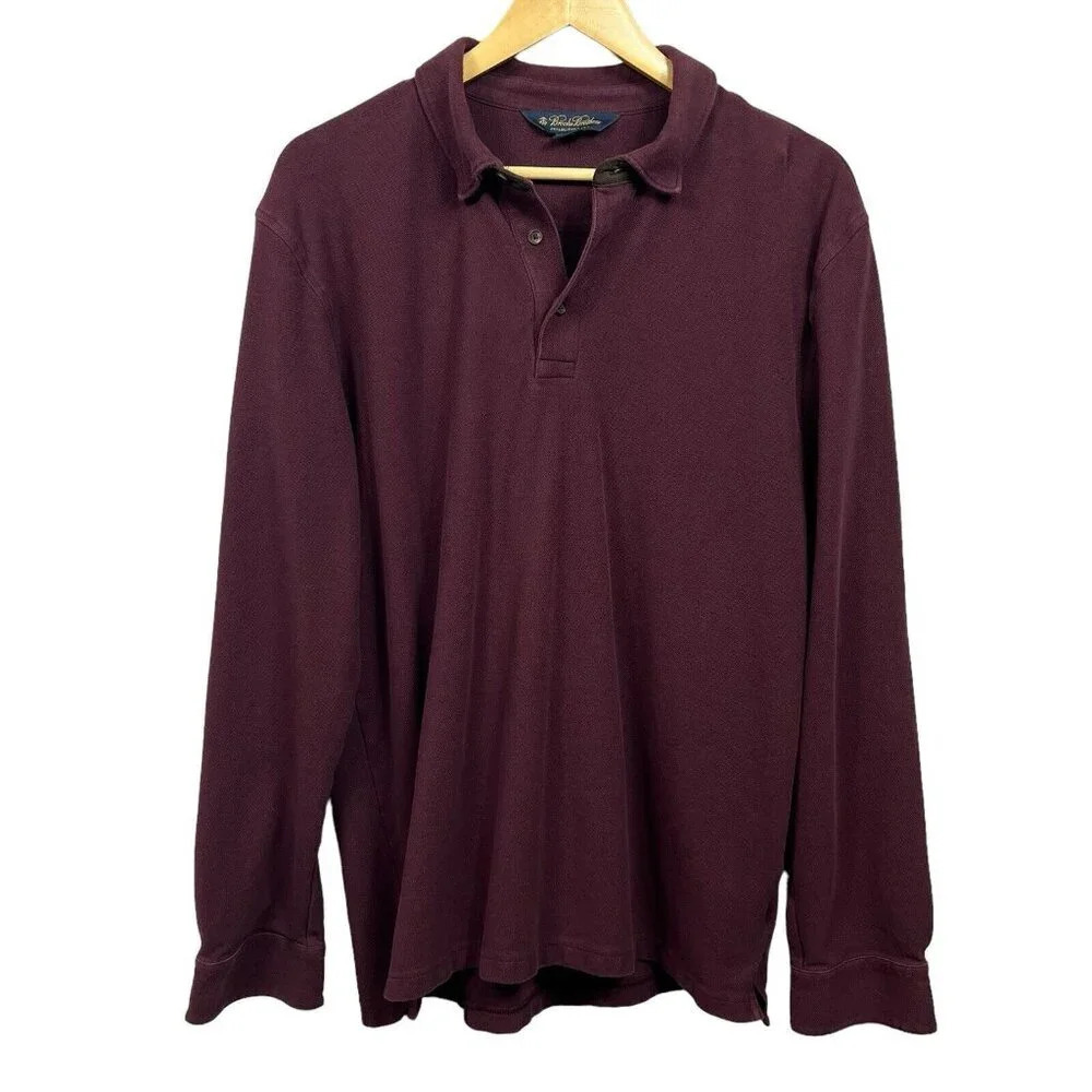 Brooks Brothers Long Sleeve Cotton Polo Shirt Size XL Suede Trim